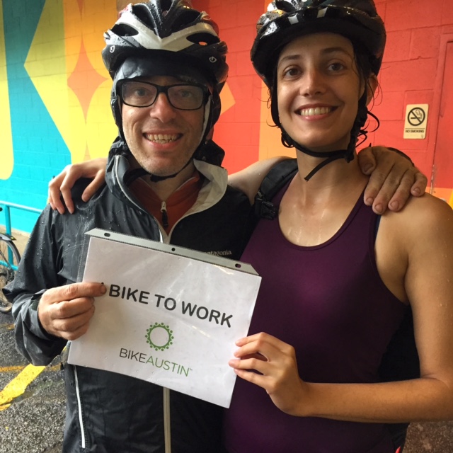 These two are celebrating their anniversary! They make a tradition of Bike to Work Day each year to celebrate.  Bike to Work Austin 2015