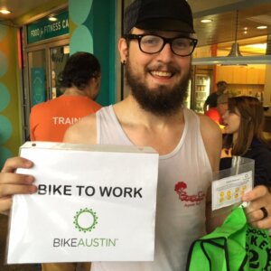 Meet Eric! Eric rode to each of the morning fueling stations and collected all 8 of his passport stamps! Way to go, Eric!   Bike to Work Austin 2015