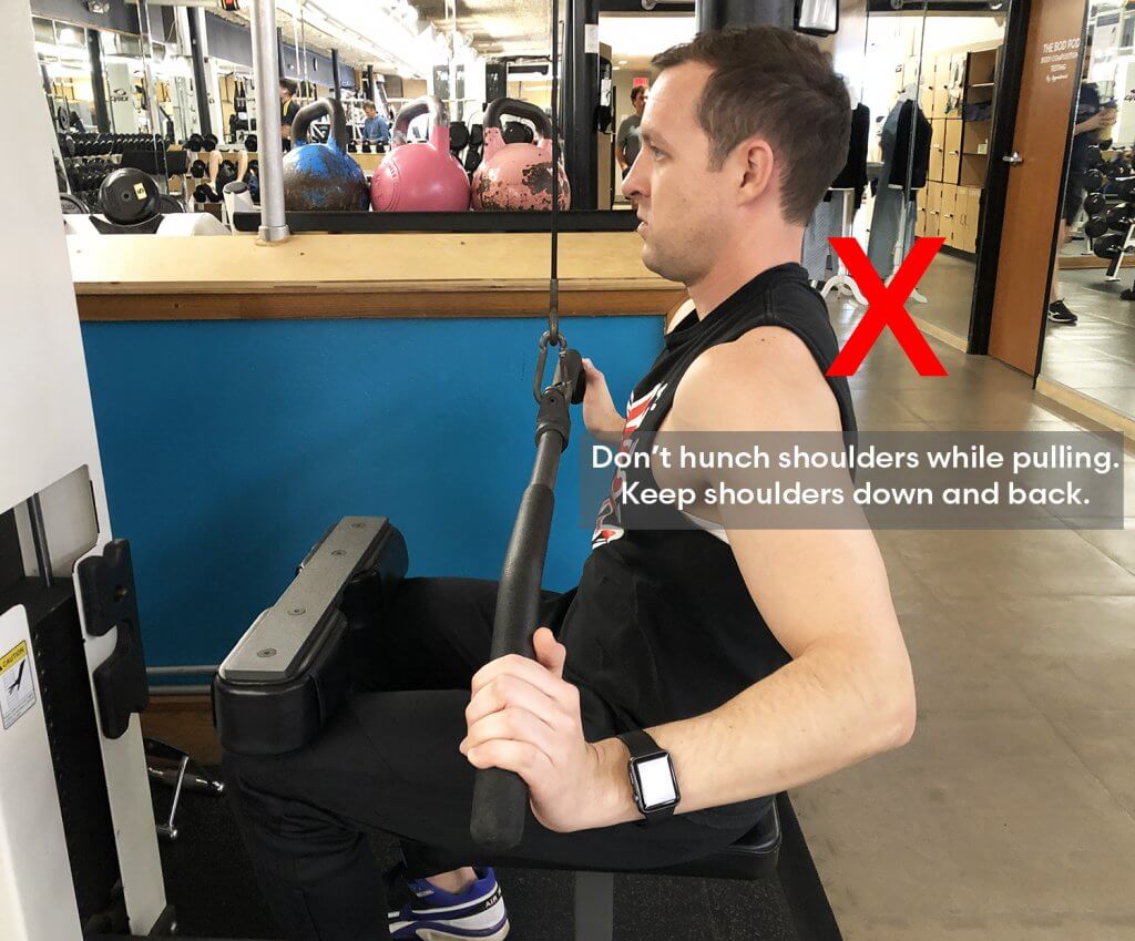 Bad Variation of Fifth Step of Lat Pull Down Exercise with Keith Kohanek - Don't let shoulders come up while pulling bar down. 