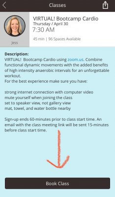 Booking Classes in App for Virtual Resource Guide