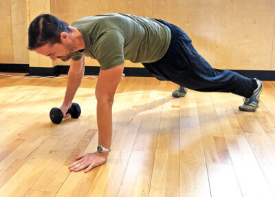 Jeremy Planksgiving dumbbell pull across second step