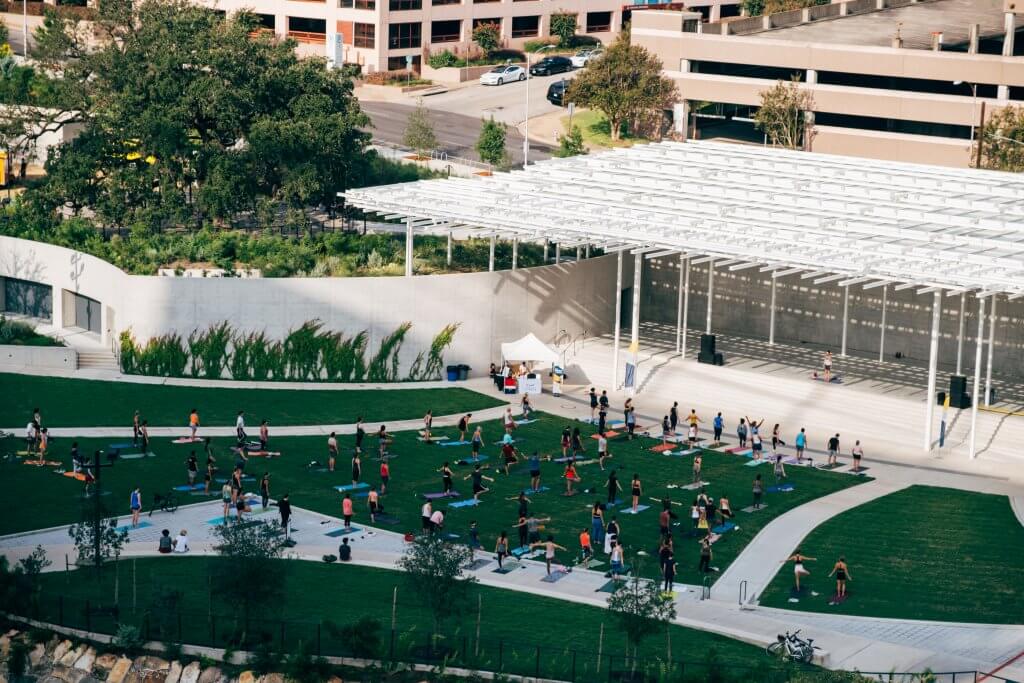 Yoga Class at the Moody Amphitheater at Waterloo Greenway