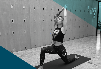 Black and white image of Yoga Instructor Collette in a lunge for Spring Equinox yoga